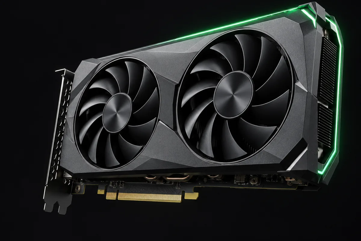 A GeForce graphics card on a dark studio background